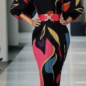 Black Multicolor Pleated Midi Dress with Red Belt